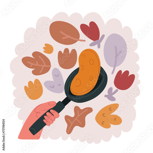 Vector illustration of Woman making thin pancakes on frying pan in kitchen