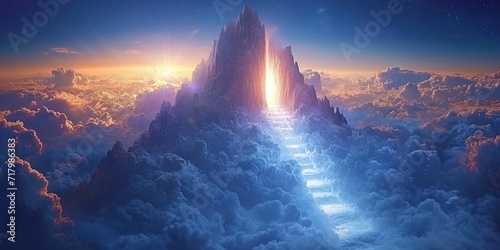 Gate to heaven, heavenly gate, entrance path, light at the end of the tunnel after death, religion Christianity, in the sky in the clouds