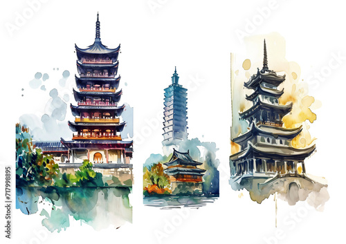 Chinese style ancient architecture watercolor stickers
