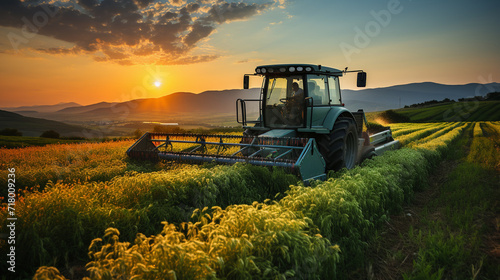 combine harvester working on a field at sunset