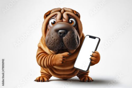 surprised Shar-Pei dog with bulging big eyes point on smartphone with white screen. ai generative
