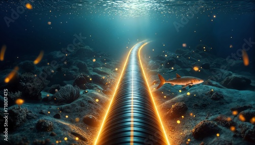 3d illustration of a futuristic submarine cable in the ocean. 3d rendering