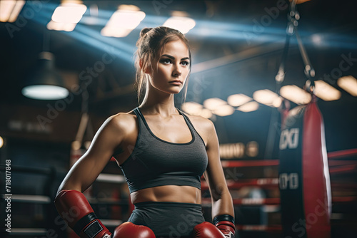 Young female boxer looking away thoughtfully while leaning on the ropes in a boxing ring. Sporty young woman training at the gym.