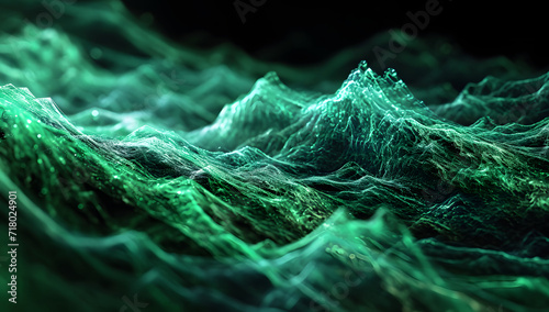 green digital fractal wave flowing over a black background, cyberpunk, futurism, abstract background