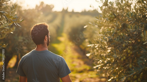 An olive oil farmer inspecting olive trees laden with ripe fruit, highlighting the connection between the farmer and the land in sustainable olive oil production.