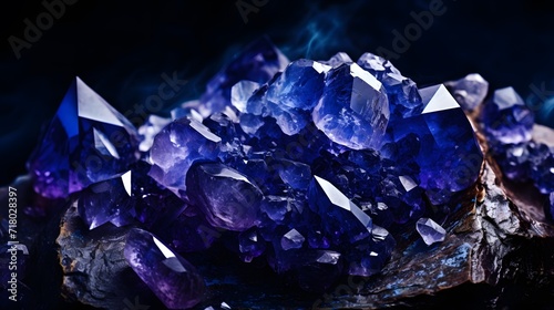 rough blue sapphire and diamonds gemstones crystals raw amethyst tanzanite dark background. 