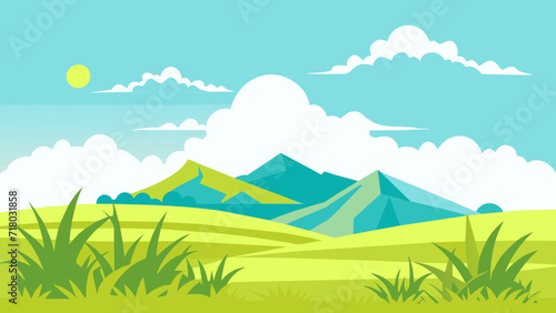 Summer fields, hills landscape, green grass, blue sky with clouds, flat style cartoon painting illustration, background