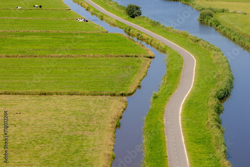 Typical Dutch polder in summer, Canal or ditch and green meadow, Overview from the top of Church tower in Ransdorp, A small village part of the municipality of Amsterdam, North Holland, Netherlands.