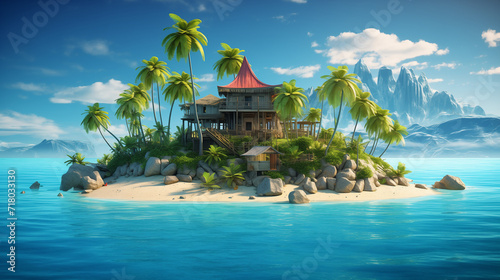 Tiny tropical island with hut and palms surrounded sea blue water , Ai generated image