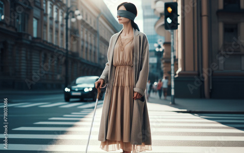 Visually impaired people carry canes and walk along sidewalks and zebra crossings.