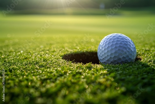 A solitary golf ball sits among the vibrant green grass, waiting to be struck by a foursome of players on the picturesque golf course