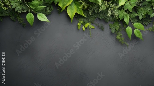 Eco green leaves on gray background, banner with copy space