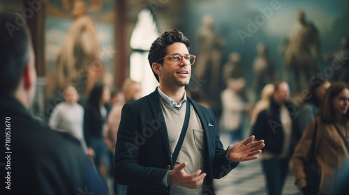 Tour guide at the museum, portrait on blurred background