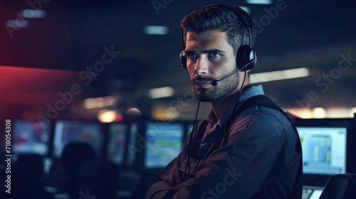 Air traffic controller with headset talk on a call in airport tower portrait