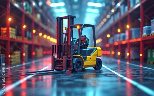 Big distribution warehouse with a forklift for loading goods.