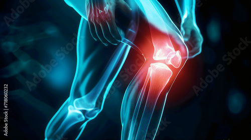 Blue-tinted 3D X-ray image showcasing the anatomy of a human knee joint, revealing medical details related to pain, injury, arthritis, and overall bone health