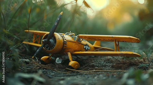 A classic yellow model biplane poised on a forest floor, captured in the soft, fading light of dusk.