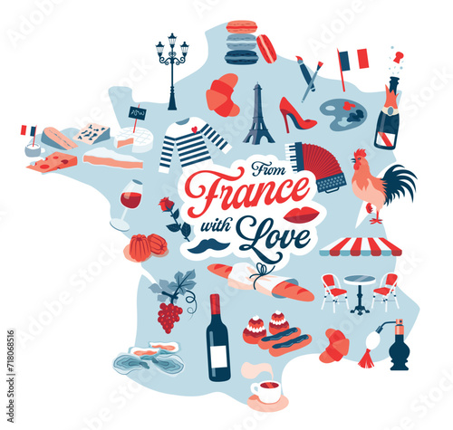 From France with love, french Symbols on a map. Blue and red pictograms in a flat design. Vector illustrations on a white background. Culture, art, food, cheese and wine and champagne