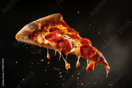 Template with delicious tasty slice of pepperoni pizza flying on black background