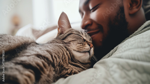 Young attractive black man cuddling his bengal cat while working from home, furry coworker, ai generated