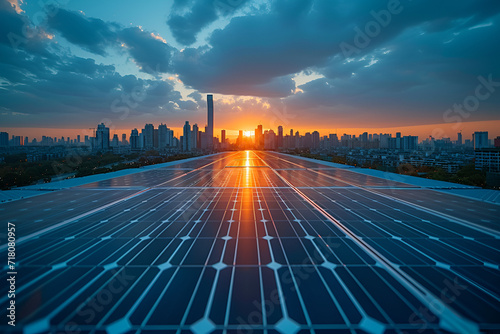 Solar panels on a rooftop, with a vibrant city skyline. Created with generative AI.