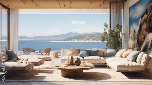 Modern living room interior with sea view. 3d rendering mock up