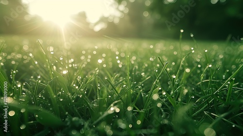 Close-up of dew drops on green grass blades, illuminated by the soft light of a rising sun.