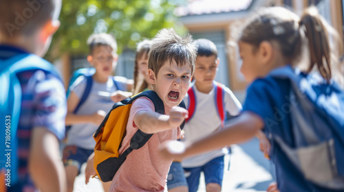 Group of children fighting at school. School bullying