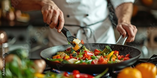 Chef in an apron stirring vegetables in a frying pan