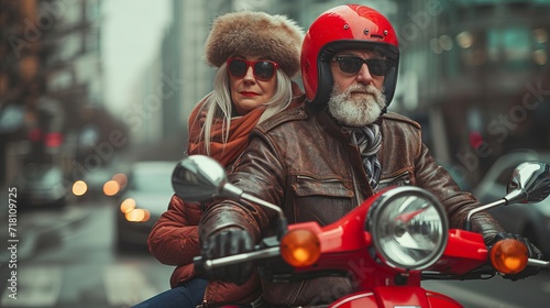 Happy retired couple on scooter exploring european city, with abundant text space