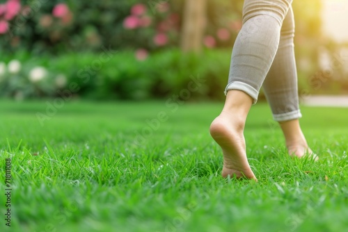 Barefoot in nature, concept of freedom and happiness. Background with selective focus and copy space