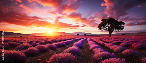 Landscape with lavender field at sunrise