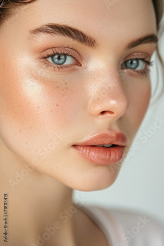 Close-up: Woman's face radiates natural beauty, healthy, clean skin. Flawless complexion adorned with minimal, natural makeup accentuates innate beauty.