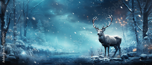 Fantasy winter wildlife landscape with deer in the forest and falling snowflakes