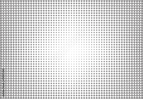 Abstract horizontal halftone effect background with blur towards the center. Black rings, bubbles on a transparent background, optical illusion, expansion of space