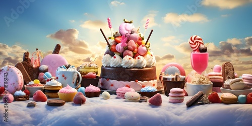 A whimsical sweet-tooth paradise with floating candy islands. dessert lover's dream landscape. a colorful fantasy confectionery world. AI