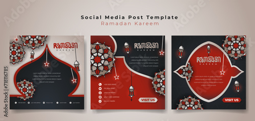 Social media post template with mandala background in red black and gold design for ramadan kareem advertisement, islamic background design