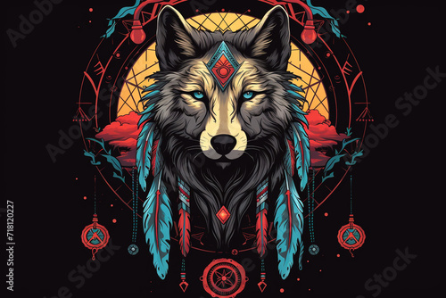 Mystical t-shirt designs depict wolves with dream catchers, feathers, and other elements of Native American symbolism,