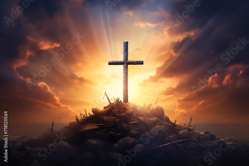 Das Heilige Kreuz, Symbol für den Tod und die Auferstehung Jesu Christi, mit Licht und Wolken im Hintergrund, Ostern