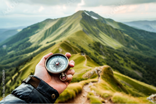 Hand holding a compass with a beautiful mountain landscape in the background, reflecting a sense of adventure and navigation.