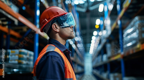 An operator wearing AR glasses to manage and control a logistic network, logistics, dynamic and dramatic compositions, with copy space