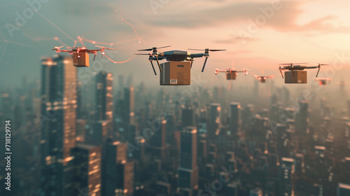 A network of drones departing from a central hub to deliver packages in a city, logistics, dynamic and dramatic compositions, with copy space