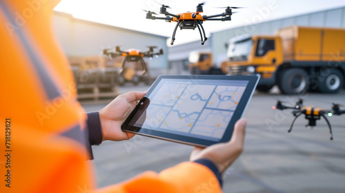 A person using a tablet to remotely control a fleet of delivery drones, logistics, dynamic and dramatic compositions, with copy space