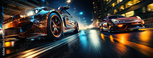 concepto de velocidad y coches, Dinámica y moderna imagen de coche deportivo circulando por la ciudad.