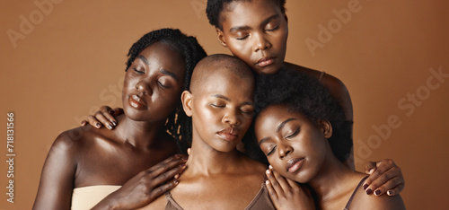Skincare, beauty and face of black women in studio with glowing, natural and facial routine. Health, cosmetic and portrait of African female friends with dermatology treatment by brown background.