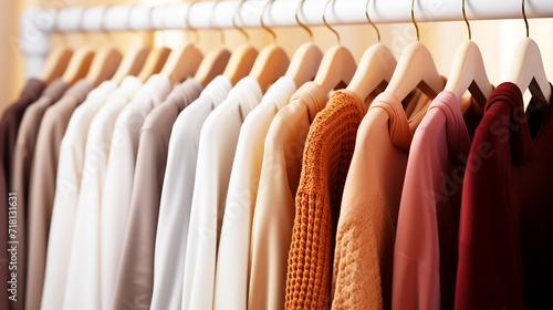 Clothes of women on hangers in dressing room