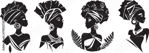 Silhouettes of women in ethnic African hairstyles and clothes, vector graphics black and white decoration for laser cutting and engraving