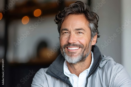A bearded man exudes confidence and warmth as he flashes a charming smile in his headshot, showcasing his impeccable style with his well-groomed facial hair and trendy clothing against a plain indoor