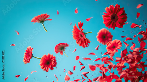 Spring magenta gerbera daisies flower flying on a blue background. Summer aesthetic concept. with copy space - Generative AI