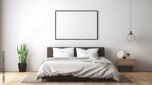 Minimalist space featuring a black Mockup poster blank frame and a modern bed
